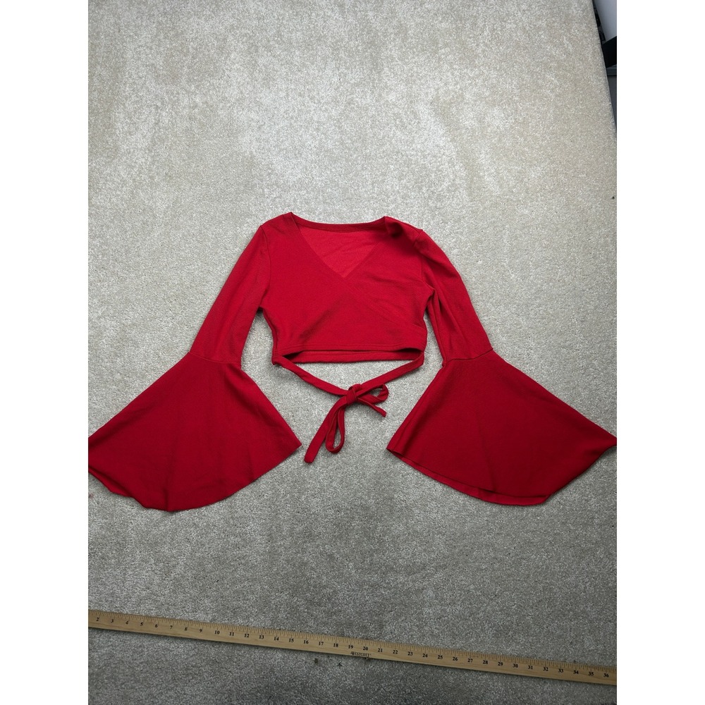 Bell Sleeve Wrap Crop Top S Red Textured Flared Boho Festival Retro Chic Bold